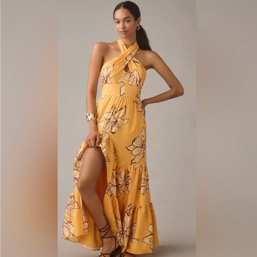 Floral Yellow Halter Maxi Dress